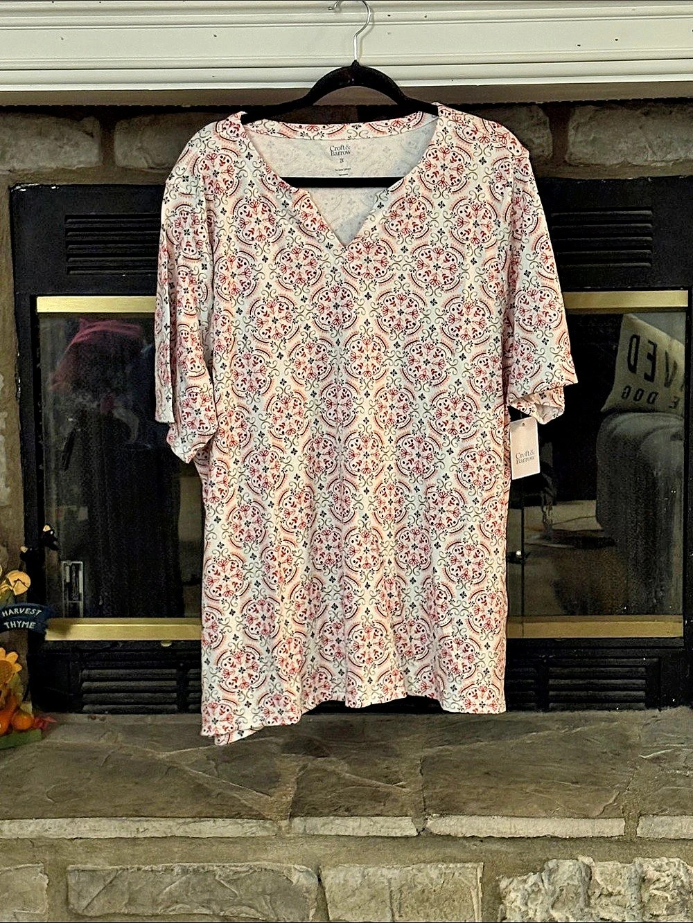 Croft & Barrow The Classic Splitneck Floral Split-Neck Tunic White & Pink Size 2